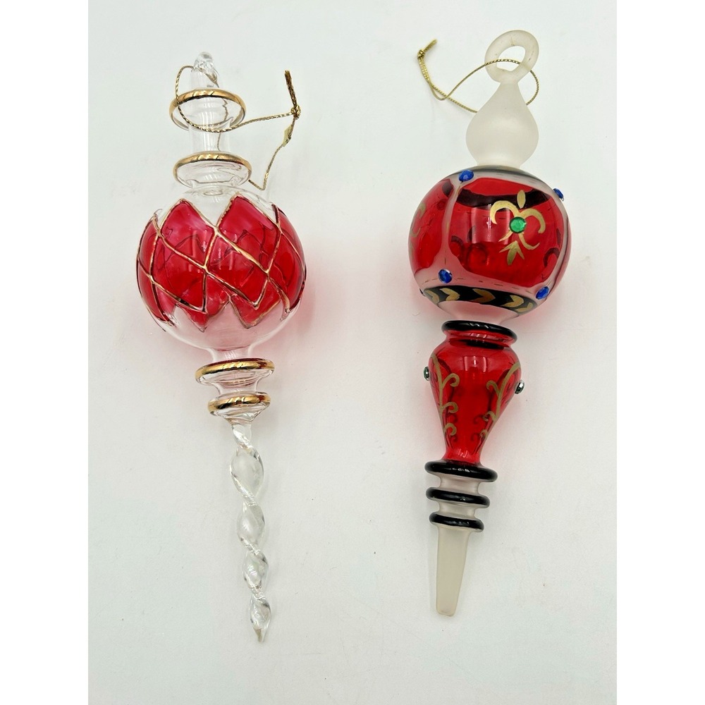Vintage Egyption Glass Christmas Ornaments Set Multicolor Round Teardrop